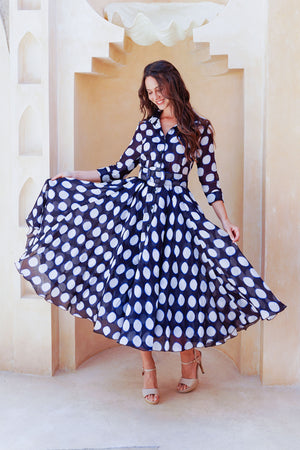 Aster Dress Shirt Collar 3/4 Sleeve Midi Length Cotton Musola (Tie Dye Dot)