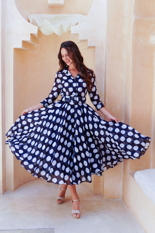 Aster Dress Shirt Collar 3/4 Sleeve Midi Length Cotton Musola (Tie Dye Dot)