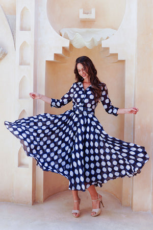 Aster Dress Shirt Collar 3/4 Sleeve Midi Length Cotton Musola (Tie Dye Dot)