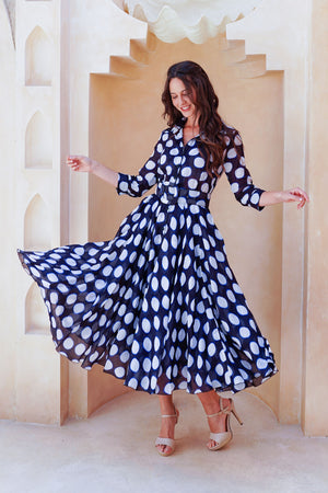 Aster Dress Shirt Collar 3/4 Sleeve Midi Length Cotton Musola (Tie Dye Dot)