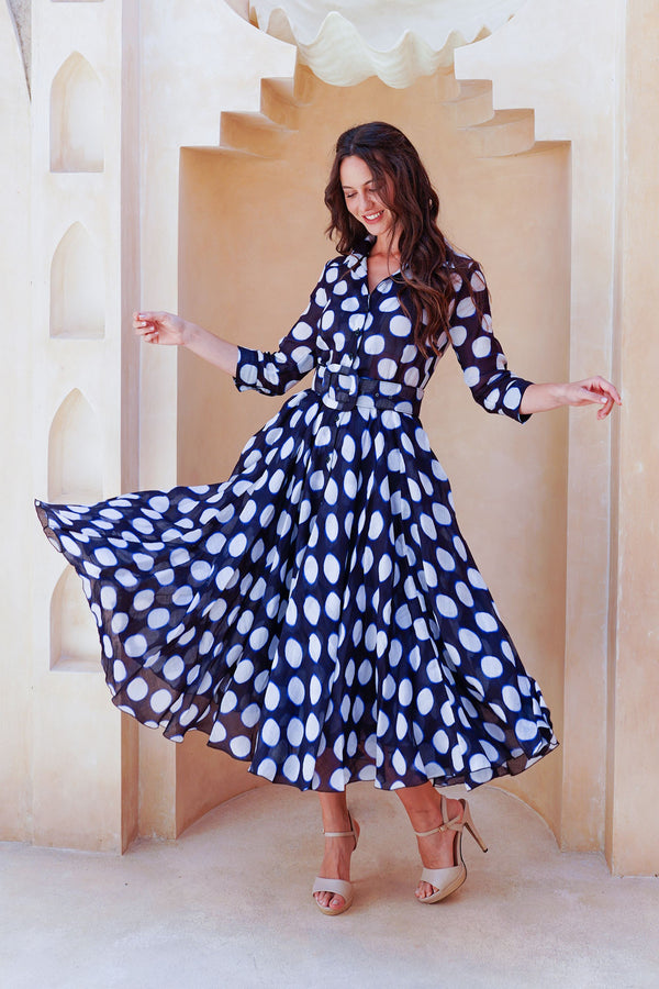 Aster Dress Shirt Collar 3/4 Sleeve Midi Length Cotton Musola (Tie Dye Dot)