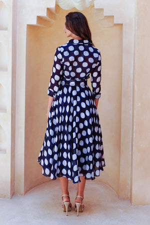 Aster Dress Shirt Collar 3/4 Sleeve Midi Length Cotton Musola (Tie Dye Dot)