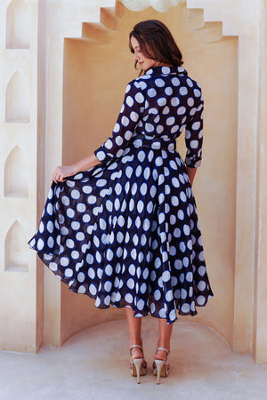 Aster Dress Shirt Collar 3/4 Sleeve Midi Length Cotton Musola (Tie Dye Dot)