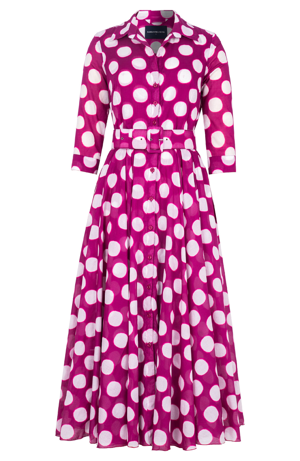 Aster Dress Shirt Collar 3/4 Sleeve Midi Plus Length Cotton Musola (Tie Dye Dot)