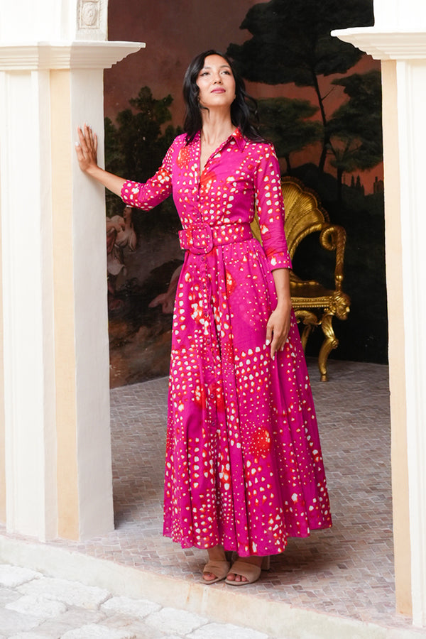 Aster Dress Shirt Collar 3/4 Sleeve Maxi Length Cotton Musola (Tie Dye Geometric Bright)