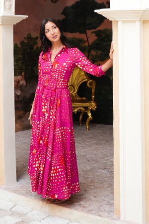 Aster Dress Shirt Collar 3/4 Sleeve Maxi Length Cotton Musola (Tie Dye Geometric Bright)