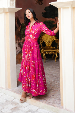 Aster Dress Shirt Collar 3/4 Sleeve Maxi Length Cotton Musola (Tie Dye Geometric Bright)