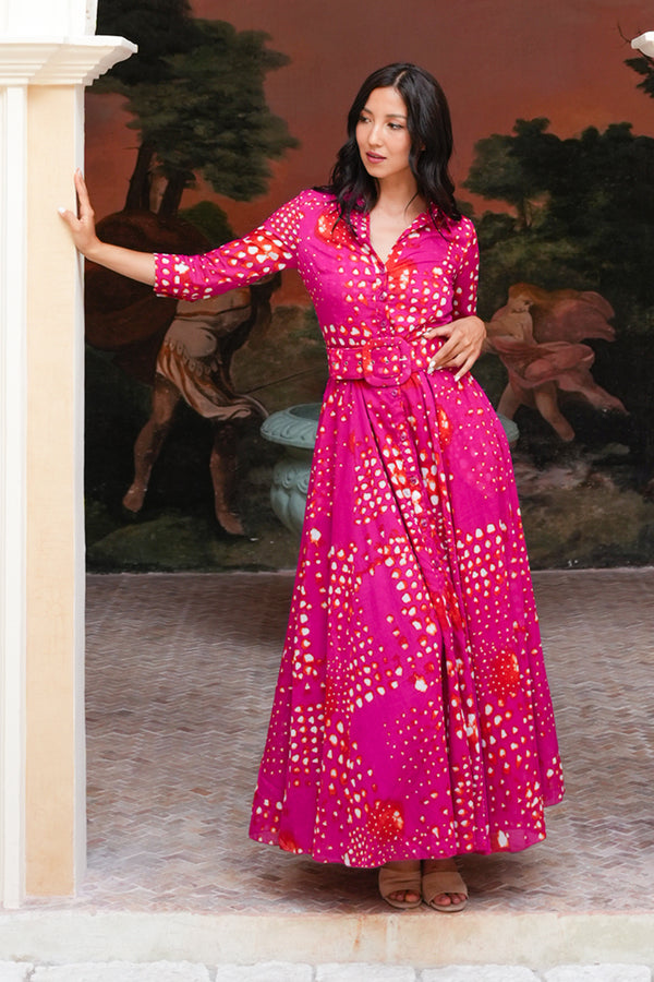 Aster Dress Shirt Collar 3/4 Sleeve Maxi Length Cotton Musola (Tie Dye Geometric Bright)