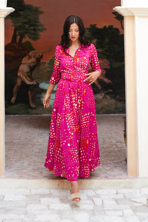 Aster Dress Shirt Collar 3/4 Sleeve Maxi Length Cotton Musola (Tie Dye Geometric Bright)