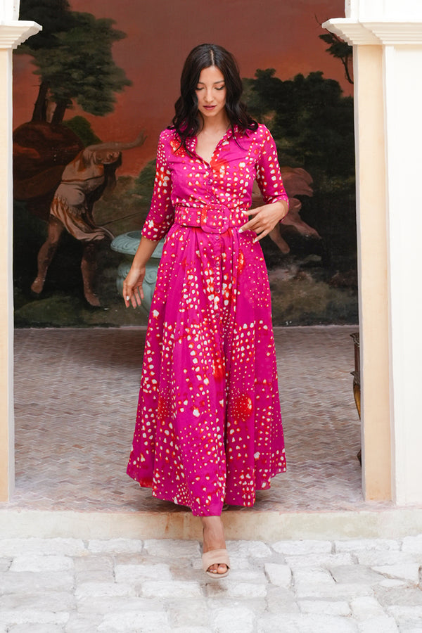 Aster Dress Shirt Collar 3/4 Sleeve Maxi Length Cotton Musola (Tie Dye Geometric Bright)