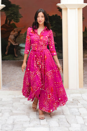 Aster Dress Shirt Collar 3/4 Sleeve Maxi Length Cotton Musola (Tie Dye Geometric Bright)