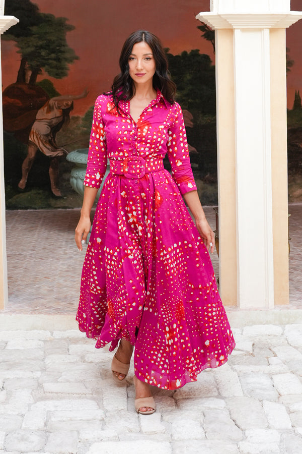 Aster Dress Shirt Collar 3/4 Sleeve Maxi Length Cotton Musola (Tie Dye Geometric Bright)