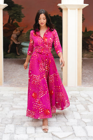 Aster Dress Shirt Collar 3/4 Sleeve Maxi Length Cotton Musola (Tie Dye Geometric Bright)