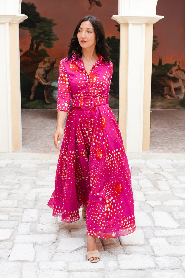 Aster Dress Shirt Collar 3/4 Sleeve Maxi Length Cotton Musola (Tie Dye Geometric Bright)