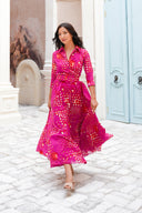 Aster Dress Shirt Collar 3/4 Sleeve Maxi Length Cotton Musola (Tie Dye Geometric Bright)