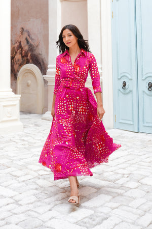 Aster Dress Shirt Collar 3/4 Sleeve Maxi Length Cotton Musola (Tie Dye Geometric Bright)