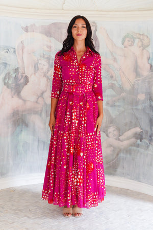 Aster Dress Shirt Collar 3/4 Sleeve Maxi Length Cotton Musola (Tie Dye Geometric Bright)