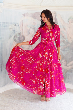 Aster Dress Shirt Collar 3/4 Sleeve Maxi Length Cotton Musola (Tie Dye Geometric Bright)