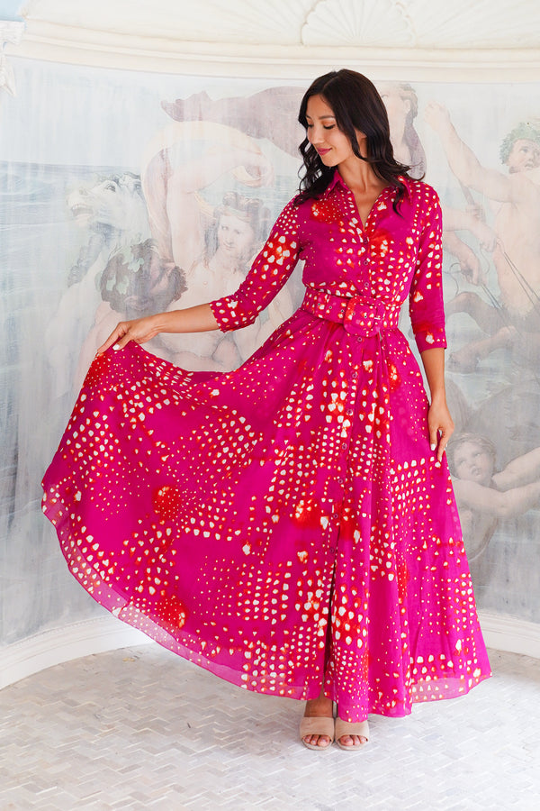 Aster Dress Shirt Collar 3/4 Sleeve Maxi Length Cotton Musola (Tie Dye Geometric Bright)