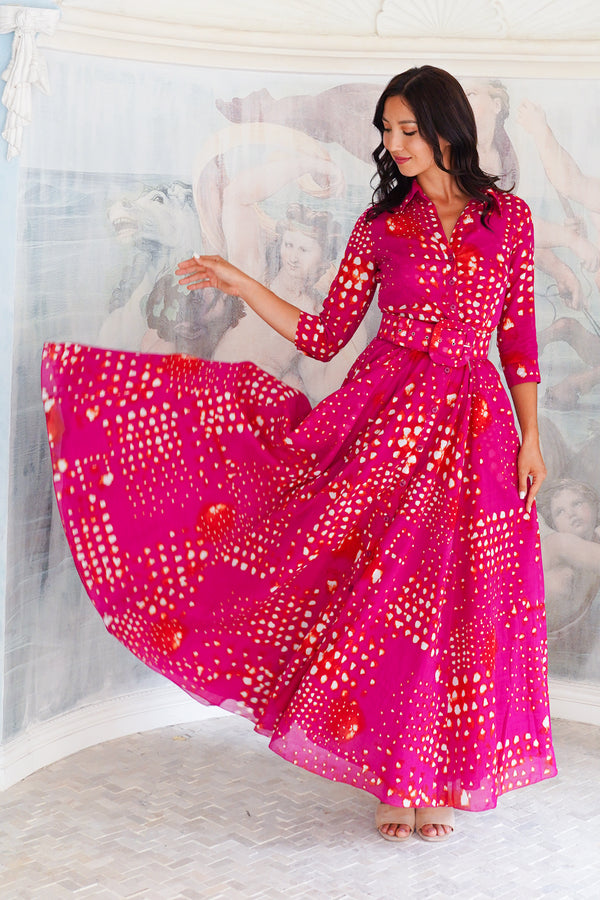 Aster Dress Shirt Collar 3/4 Sleeve Maxi Length Cotton Musola (Tie Dye Geometric Bright)