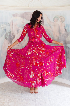 Aster Dress Shirt Collar 3/4 Sleeve Maxi Length Cotton Musola (Tie Dye Geometric Bright)