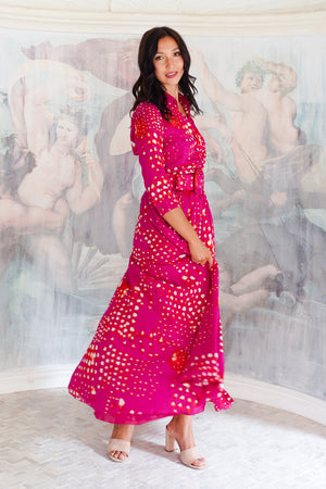 Aster Dress Shirt Collar 3/4 Sleeve Maxi Length Cotton Musola (Tie Dye Geometric Bright)