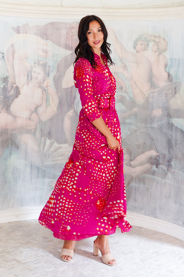 Aster Dress Shirt Collar 3/4 Sleeve Maxi Length Cotton Musola (Tie Dye Geometric Bright)