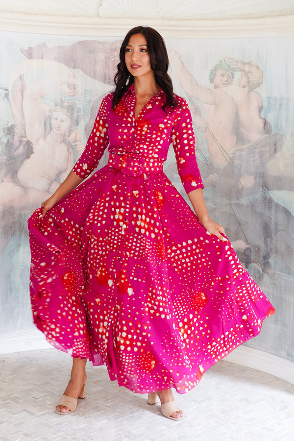 Aster Dress Shirt Collar 3/4 Sleeve Maxi Length Cotton Musola (Tie Dye Geometric Bright)