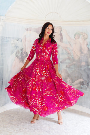 Aster Dress Shirt Collar 3/4 Sleeve Maxi Length Cotton Musola (Tie Dye Geometric Bright)