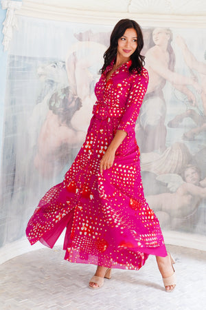 Aster Dress Shirt Collar 3/4 Sleeve Maxi Length Cotton Musola (Tie Dye Geometric Bright)