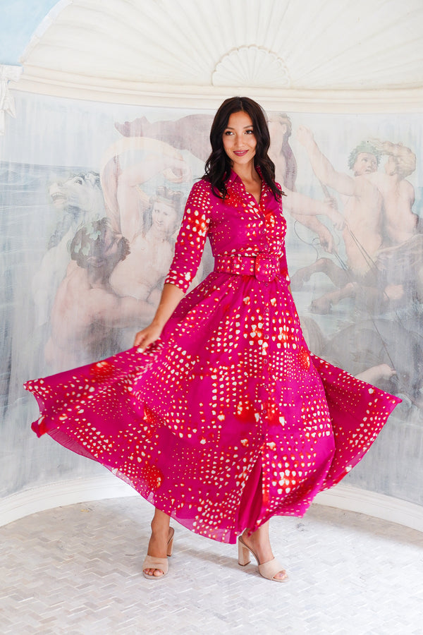 Aster Dress Shirt Collar 3/4 Sleeve Maxi Length Cotton Musola (Tie Dye Geometric Bright)