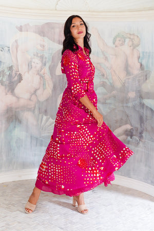 Aster Dress Shirt Collar 3/4 Sleeve Maxi Length Cotton Musola (Tie Dye Geometric Bright)