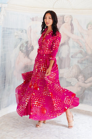 Aster Dress Shirt Collar 3/4 Sleeve Maxi Length Cotton Musola (Tie Dye Geometric Bright)