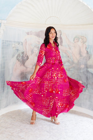 Aster Dress Shirt Collar 3/4 Sleeve Maxi Length Cotton Musola (Tie Dye Geometric Bright)