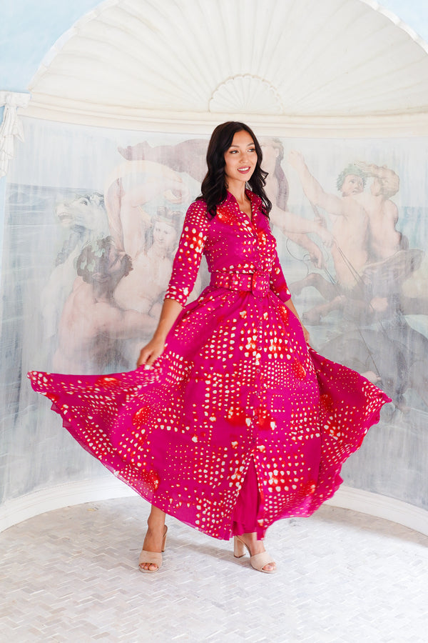 Aster Dress Shirt Collar 3/4 Sleeve Maxi Length Cotton Musola (Tie Dye Geometric Bright)