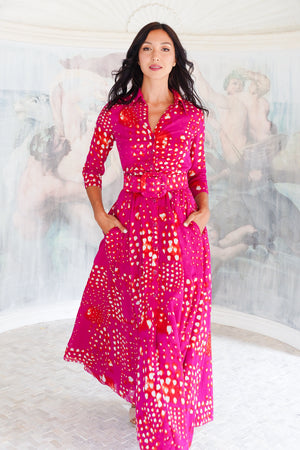 Aster Dress Shirt Collar 3/4 Sleeve Maxi Length Cotton Musola (Tie Dye Geometric Bright)