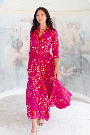 Aster Dress Shirt Collar 3/4 Sleeve Maxi Length Cotton Musola (Tie Dye Geometric Bright)