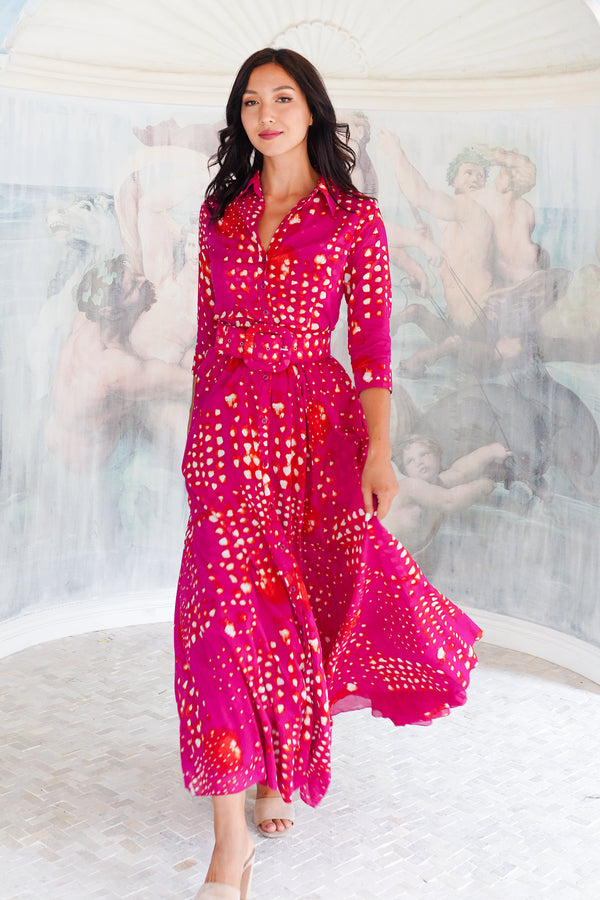 Aster Dress Shirt Collar 3/4 Sleeve Maxi Length Cotton Musola (Tie Dye Geometric Bright)