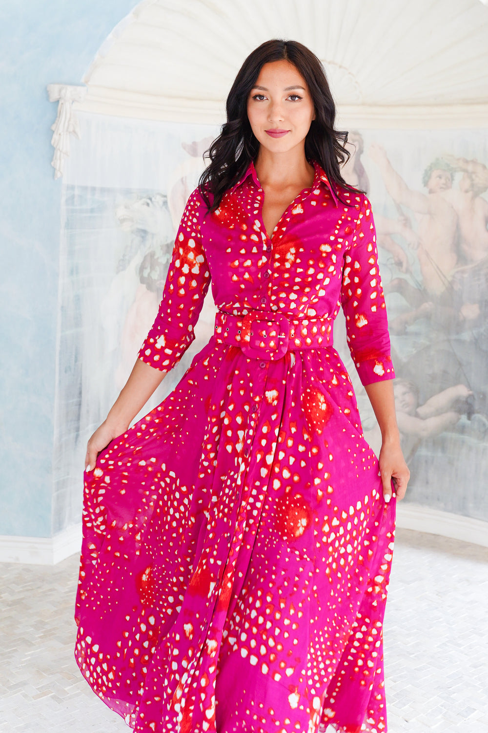 Aster Dress Shirt Collar 3/4 Sleeve Maxi Length Cotton Musola (Tie Dye Geometric Bright)