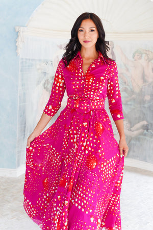 Aster Dress Shirt Collar 3/4 Sleeve Maxi Length Cotton Musola (Tie Dye Geometric Bright)