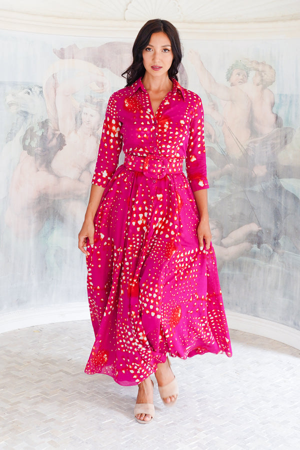 Aster Dress Shirt Collar 3/4 Sleeve Maxi Length Cotton Musola (Tie Dye Geometric Bright)