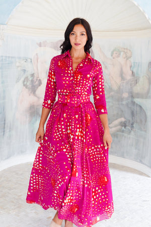 Aster Dress Shirt Collar 3/4 Sleeve Maxi Length Cotton Musola (Tie Dye Geometric Bright)