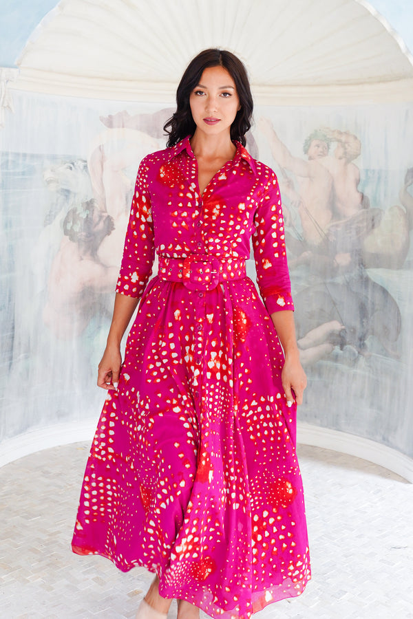 Aster Dress Shirt Collar 3/4 Sleeve Maxi Length Cotton Musola (Tie Dye Geometric Bright)