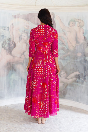 Aster Dress Shirt Collar 3/4 Sleeve Maxi Length Cotton Musola (Tie Dye Geometric Bright)