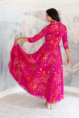 Aster Dress Shirt Collar 3/4 Sleeve Maxi Length Cotton Musola (Tie Dye Geometric Bright)