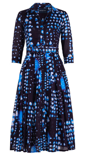 Audrey Dress #4 Shirt Collar 3/4 Sleeve Midi Length Cotton Musola (Tie Dye Geometric Bright)