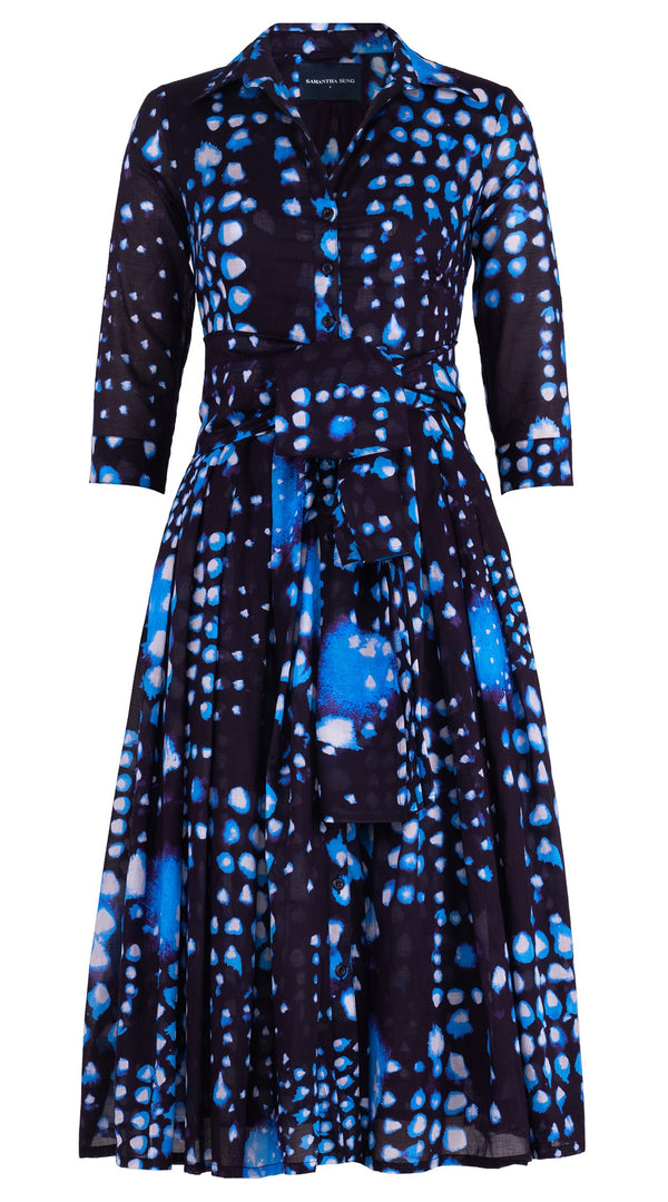 Audrey Dress #4 Shirt Collar 3/4 Sleeve Midi Length Cotton Musola (Tie Dye Geometric Bright)