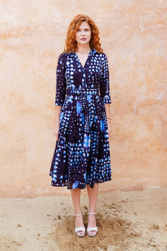 Audrey Dress #4 Shirt Collar 3/4 Sleeve Midi Length Cotton Musola (Tie Dye Geometric Bright)