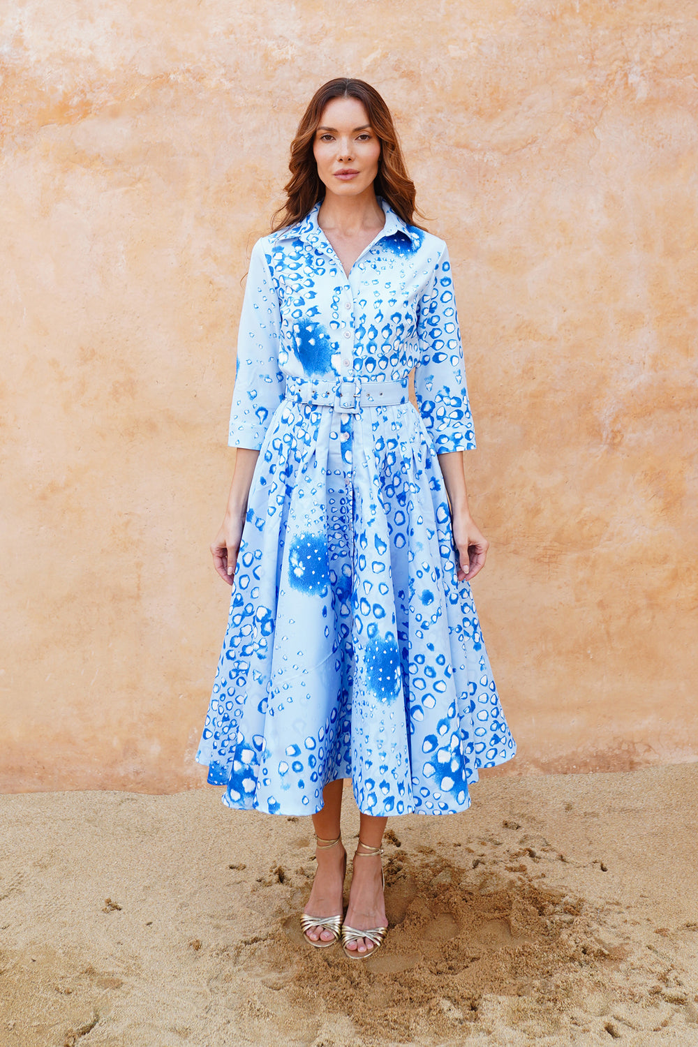 Amber Dress Shirt Collar 3/4 Sleeve Midi Length Poliamide Taffta (Tie Dye Geometric Pastel)