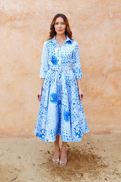 Amber Dress Shirt Collar 3/4 Sleeve Midi Length Poliamide Taffta (Tie Dye Geometric Pastel)